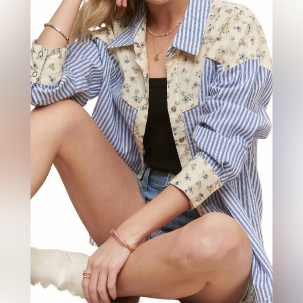 ADORA Blue & Cream Striped and Floral Button-Down Shirt - Picture 2 of 13